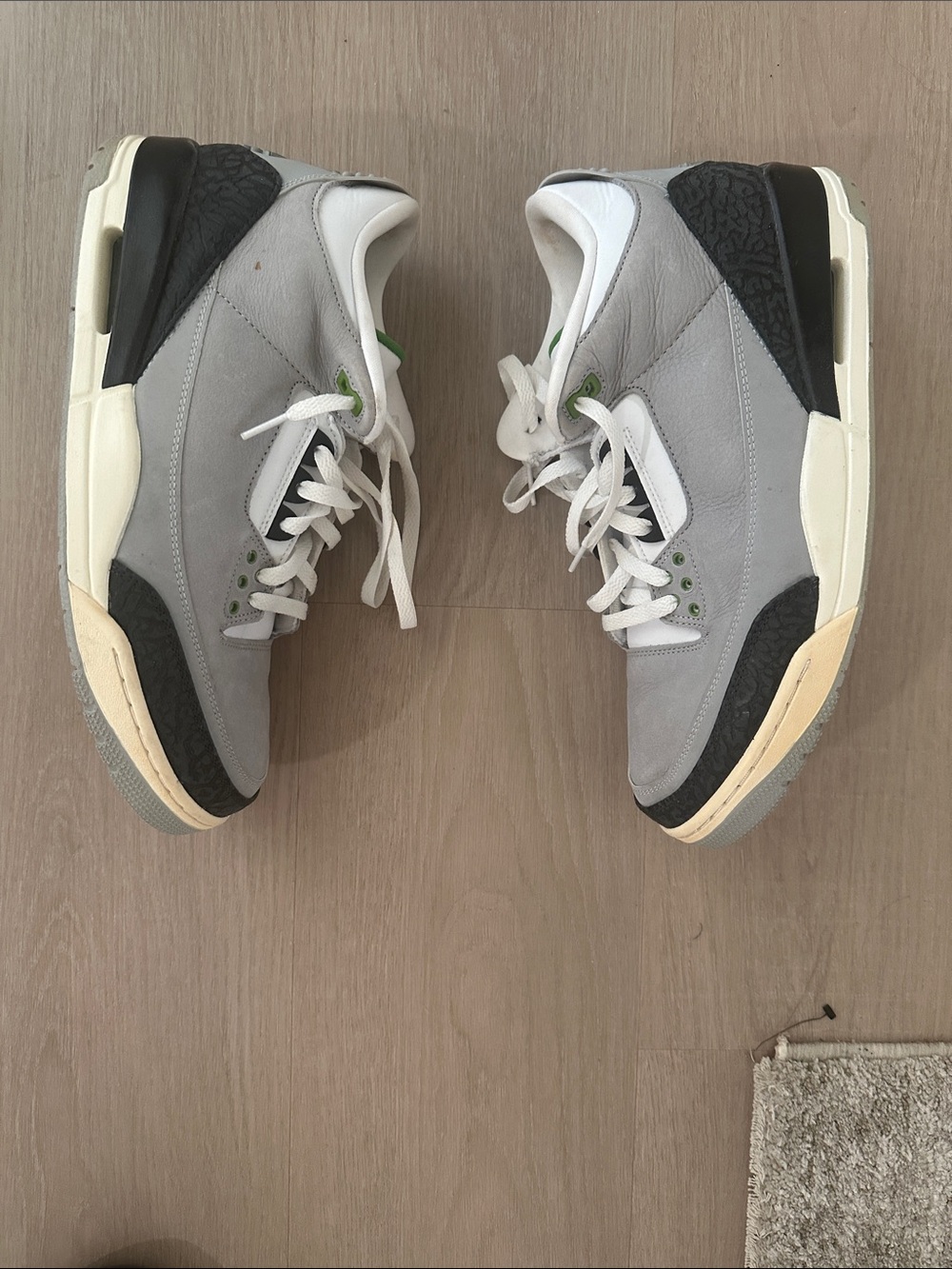Air Jordan 3 Men's Gray, Black and White Retro Sneakers with Green Accents